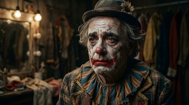 Sad elderly clown sitting in a dimly lit backstage dressing room after the performance.
