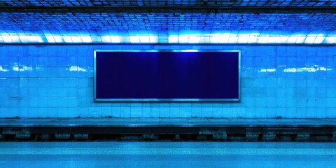 Fototapeta premium Subway tunnel features blue lighting, blank billboard. Tiles cover walls, platform visible. Dark atmosphere creates dramatic effect.