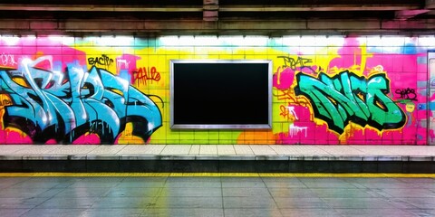Fototapeta premium Subway station wall covered vibrant graffiti. Blank digital screen centered between colorful artwork. Dark flooring, minimal lighting present.