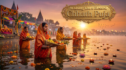 Women in traditional indian attire celebrating chhath puja festival with lamps and flowers in a serene river at sunset