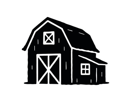 Black barn silhouette showing a large barn door, upper window, and side lean-to, good for rustic branding and country illustrations.