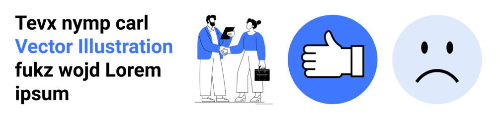 Obraz premium Business communication, partnerships, feedback systems, user interaction, emotional responses, and decision-making. Two people shaking hands, thumbs up icon unhappy face icon. Business communication
