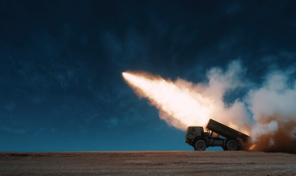 Military Vehicle Launch Missile in Desert Landscape Against Dark Sky