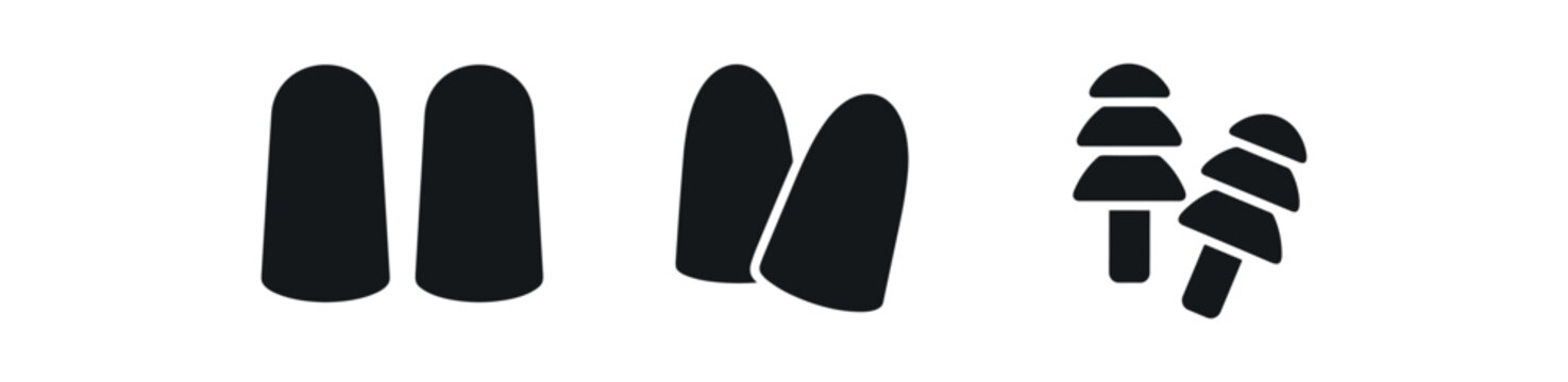 Solid black silhouettes of foam earplug shapes and multi‑flange earbud style protectors, shown as a small set for hearing protection, sleep, and noise reduction design.