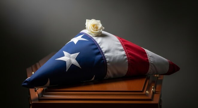 Fallen American flag with rose on casket