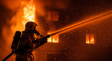 Fototapeta premium Firefighter in protective gear spraying water at burning building during nighttime