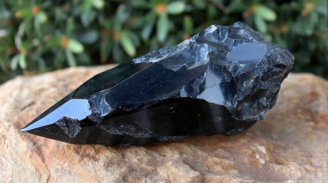 A sharp black obsidian stone with fractured edges resting on a textured rock surface with blurred green foliage in the background.