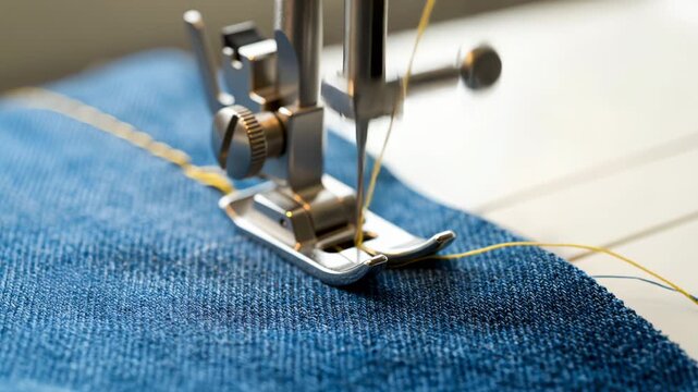 close up of sewing machine needle stitching blue denim fabric with yellow thread in tailoring workshop