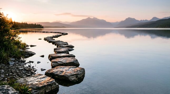 Stepping stones path across calm lake water of journey to success, long term goals achievement and life progress concept