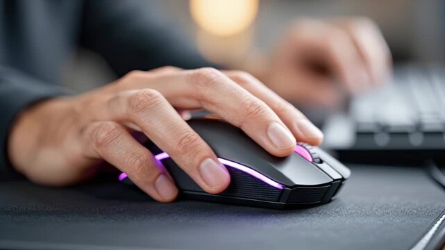 close up of hand operating modern gaming mouse with orange led light on desk near keyboard