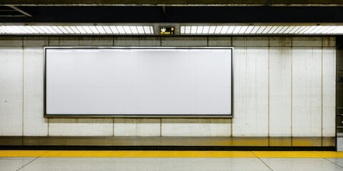 Fototapeta premium Subway station interior features blank billboard. Concrete walls, dim lighting, yellow platform edge visible. Minimalist composition.