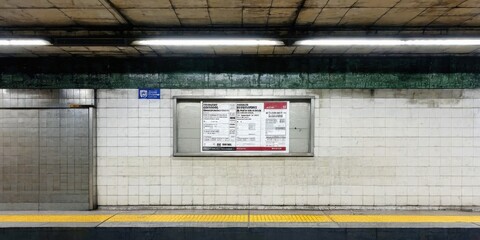 Fototapeta premium Subway station interior. Tile walls, platform edge, notice board visible. Dim lighting creates stark contrast, shadows dominate scene.