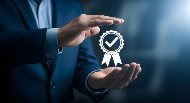 Businessman presenting a guarantee or quality assurance symbol