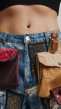 Vertical video: Camera panning woman's torso rising in set with black crop top, jeans and pouches