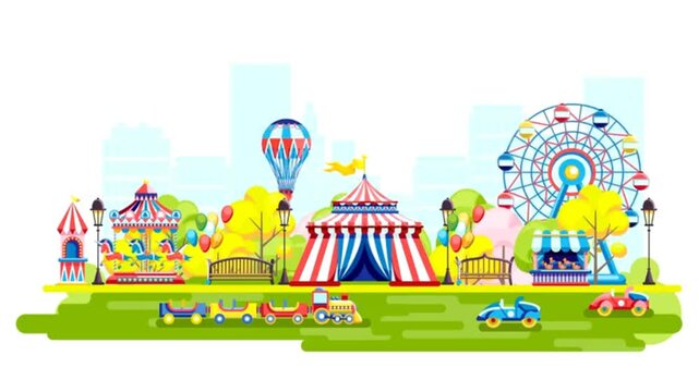 Amusement park for kids plaing 4K stock video
Cartoon, Traveling Carnival, 4K Resolution, Amusement Park Ride, Animated Video