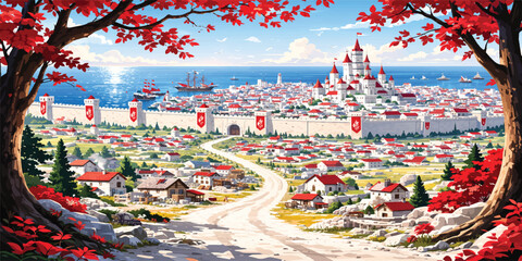 An aerial panorama of a Chinese New Year celebration featuring a decorated Christmas tree in the city square before a historic church under a cloudy summer sky in Barcelona © NusratJahan