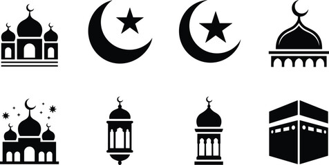 Obraz premium Islamic Ramadan icon set mosque crescent moon star lantern and Kaaba Muslim religion symbols isolated on white background vector