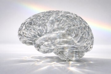 Glass brain model with refraction patterns and rainbow on light background