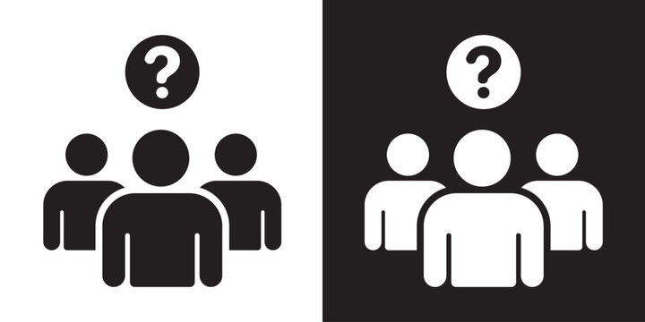 Group of people icon featuring a question mark icon. Black and white minimalist concept representing leadership, VIP team, favorites, or winners.
