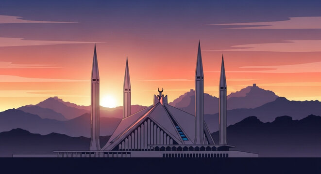 Faisal mosque at sunset with mountains in background islamabad pakistan modern architecture serene landscape