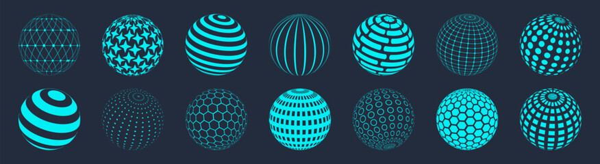 Obraz premium Abstract geometric sphere icons collection. Futuristic globe shapes made from lines, grids, hexagons and dots. Technology themed vector elements