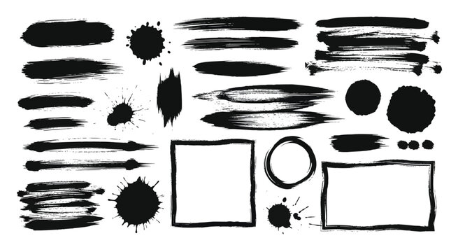 Set of 30+ Black Ink Brush Strokes, Grunge Paint Splatters, and Hand-Drawn Frames Vector Collection for Artistic Design Elements