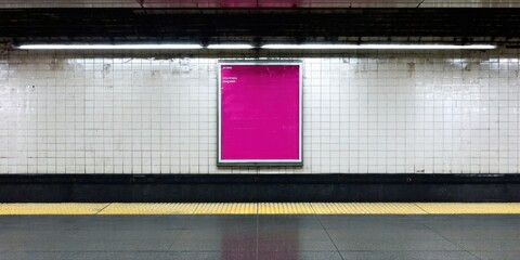 Fototapeta premium Subway station interior. Empty platform, tiled walls, bright pink poster dominates center. Dim lighting creates stark contrast. Minimalist scene.