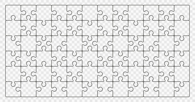 Jigsaw puzzle grid template outline. Connected puzzle pieces forming rectangular layout isolated on transparent background