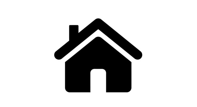 A minimalist, modern, flat, black silhouette of a house with a chimney and peaked roof on a white background, symbolizing real estate, property, or architecture in a simple artistic style.
