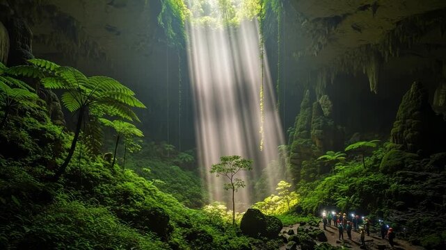 Group of hikers exploring a lush subterranean jungle cave with dramatic sunbeams.