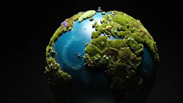 A miniature globe covered in vibrant green moss and tiny plants, depicting a lush and thriving Earth against a dark background.