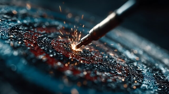 Close-up of welding torch sparks flying from metal surface fire