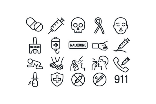 Black outline icons for opioid overdose response including pills, syringe, skull, ribbon, naloxone box, narcan, injection, inhaler, dropper, shield and 911 emergency symbols.