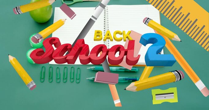 Animation of back 2 school text, pencils and erasers moving over book and school stationery