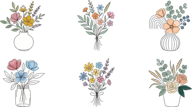 minimalist floral bouquet line art set with pastel flowers in vases