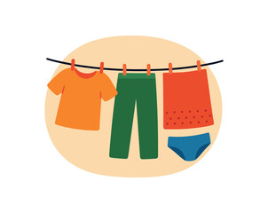 A simple flat graphic of laundry hung on a line with an orange shirt, green pants, red towel, and blue underwear clipped in front of a pale oval background, suitable for laundry care