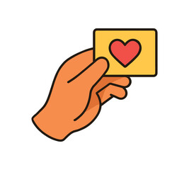 Fototapeta premium Simple flat icon of a hand presenting a yellow card with a red heart, useful for messages, likes, or charity visuals.