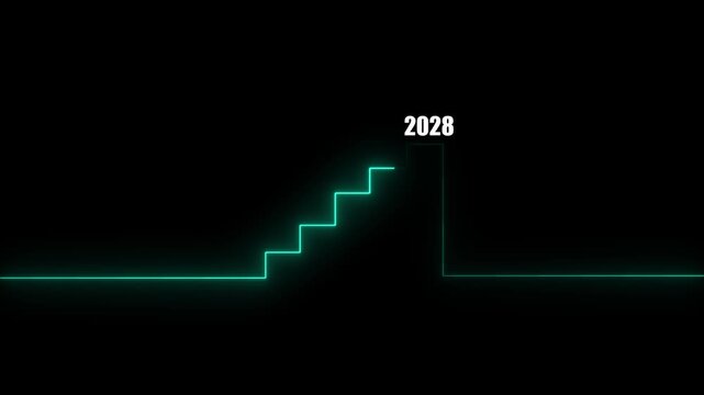Futuristic glowing cyan neon staircase graph showing business growth and financial progress reaching the year 2028 on black background
