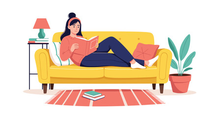 Obraz premium Woman comfortably relaxing on a yellow sofa, engrossed in reading a book in a cozy and peaceful living room setting.
