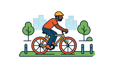 Fototapeta premium A cyclist wearing a helmet pedals a yellow bike along a green park path with trees and distant city buildings, shown in bright colors for an active lifestyle or transport theme.