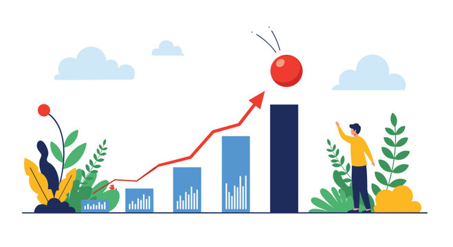 Man standing by a rising bar chart with an upward arrow and bouncing ball, symbolizing business growth, success, and achievement.