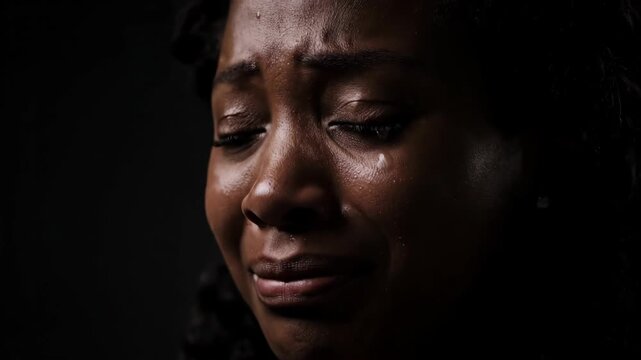 Adult woman crying with tears and visible distress on her face in a dark setting