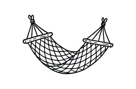 Woven hammock net with wooden spreader bars for relaxed summer background flat vector icon