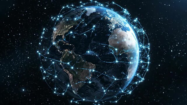 A worldwide digital connection network surrounds the Earth from space with glowing lines and points showing global data transfer and communication