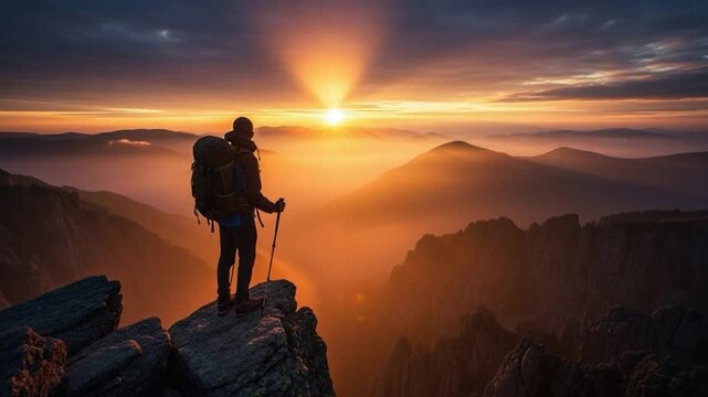 Adult male hiker on solo spiritual pilgrimage at sunrise mindful mountain trekking for mental clarity