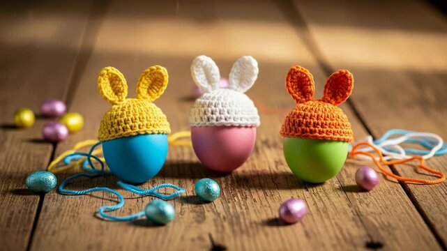 Three colorful Easter eggs wearing crocheted bunny hats on a wooden table