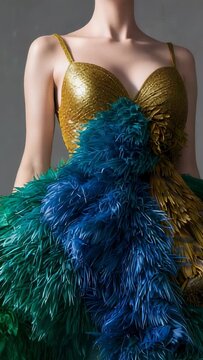 Vertical video: Shifting model torso revealing gold bodice in studio, feather stole showing gown
