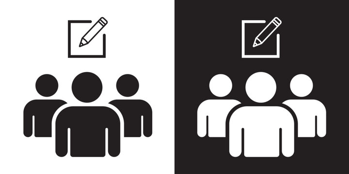 Group of people icon featuring a edit icon. Black and white minimalist concept representing leadership, VIP team, favorites, or winners.