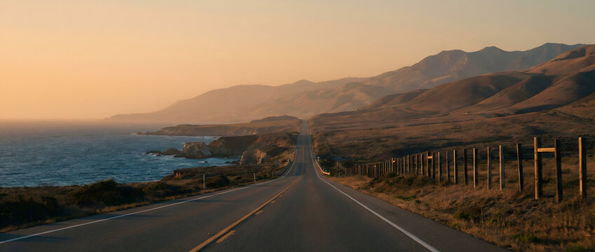 View down an empty two-lane coastal highway bordered by a wooden fence, rocky ocean cliffs, and rolling mountains at sunset