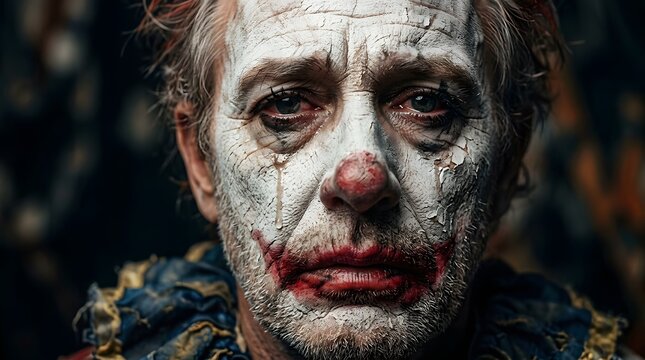Portrait of a sad clown with weathered white face paint and messy makeup.